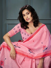 India Silk Pink Sarees Crafted With Handloom Linen Showcase Beautiful Weaving That Highlights Traditional Artistry